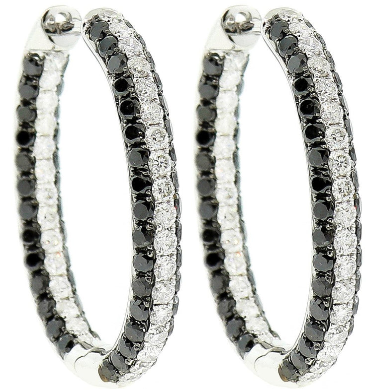 White Gold, Black & White Diamond Oval Hoop Earrings
