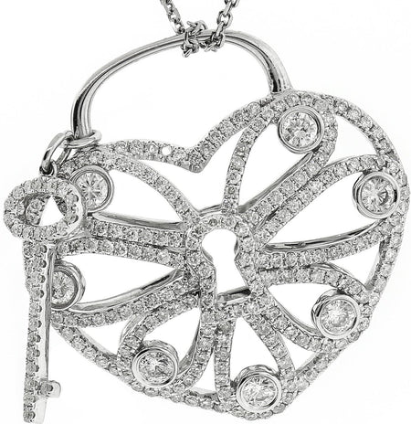 White Gold & Diamond Heart Shaped Lock Pendant w Key