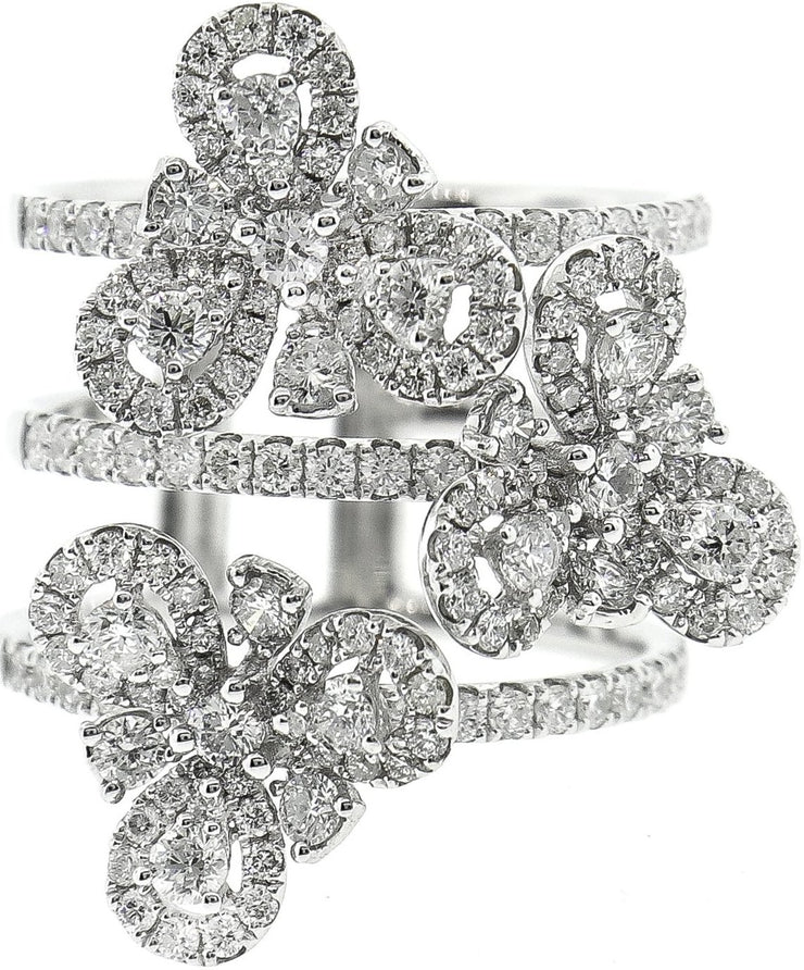 White Gold & Diamond Flower Style 3 Row Cocktail Ring