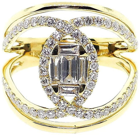 Yellow Gold & Diamond Baguette Double "C" Design Cocktail Ring