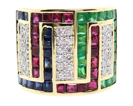 Vintage 18k Diamond, Emerald, Ruby & Sapphire Ring