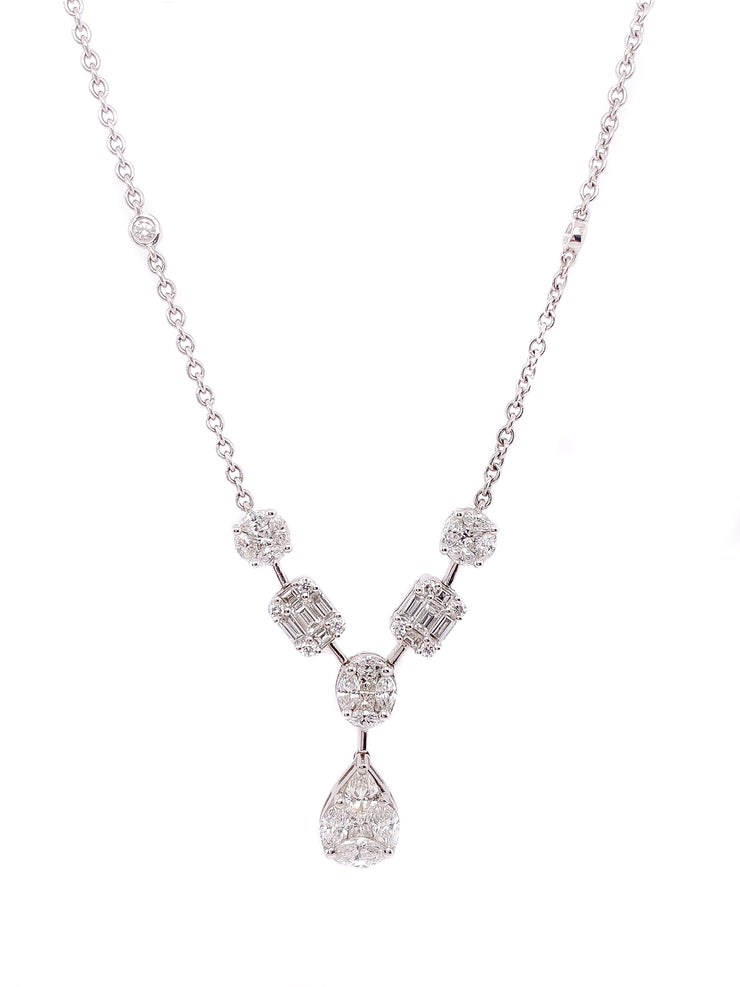 2.67ct 18k White Gold multi shape illusion set necklace with pear drop