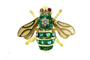 18k Yellow Gold Diamond, Emerald & Ruby Bumblebee Brooch