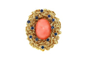 28 gram, 18k Yellow Gold, coral & sapphire ring