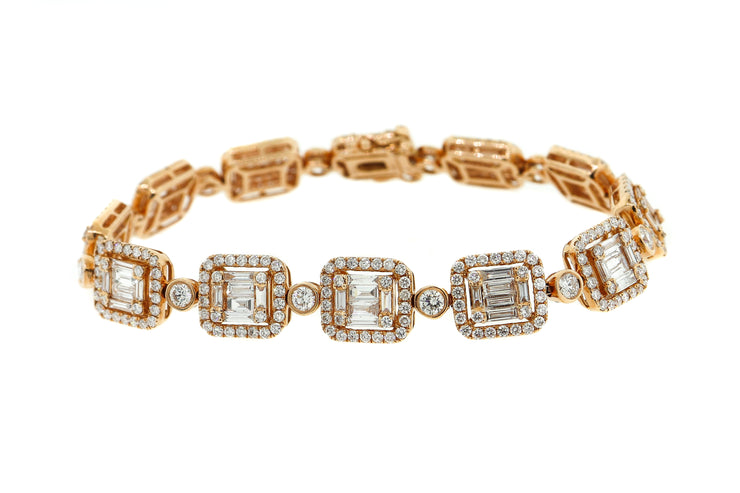 7.80ct 18k Rose Gold illusion set bracelet with baguette & round diamonds