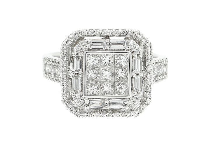 1.75ct 18k White Gold illusion set princess cut center,with baguette and round diamonds cocktail ring