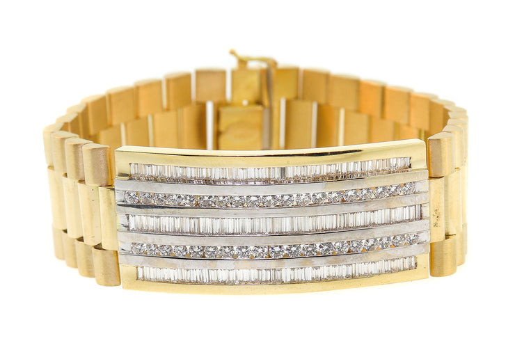 6.00ct 18k yellow gold president style men's bracelet with round and baguette Diamonds