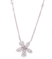 1.75ct 18k white gold abstract  flower pendant on diamond by the yard chain.