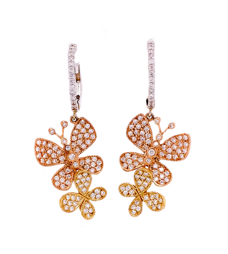 1.50ct Tri color 14k gold butterfly dangle earrings
