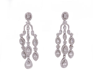 5.15ct 18k white gold 3 strand dangle earrings with round and baguette shaped diamonds