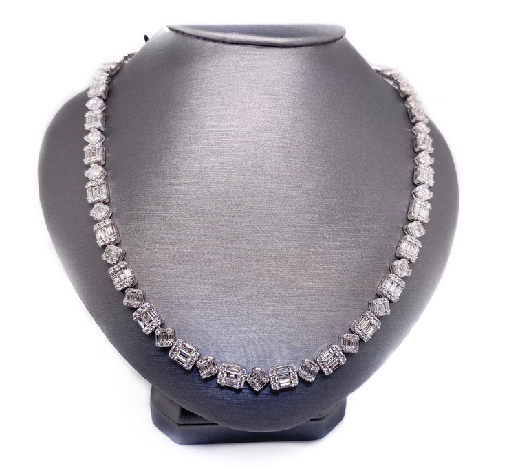 14k 11.00ct illusion style tennis necklace with round and baguette diamonds